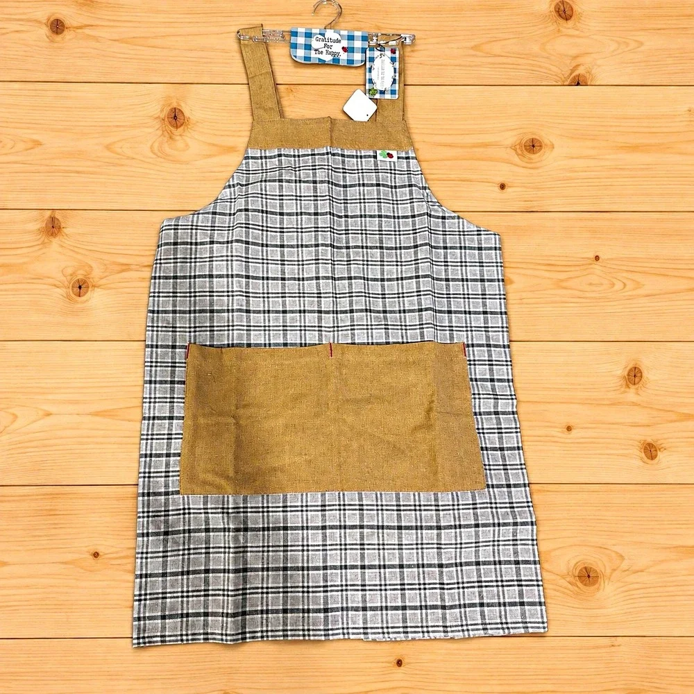 Japanese Gray Black Tan Plaid Bib Apron Fabric One Size Pocket [A4]